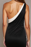 Black and White Patchwork One Shoulder Tight Short Cocktail Dress with Bow