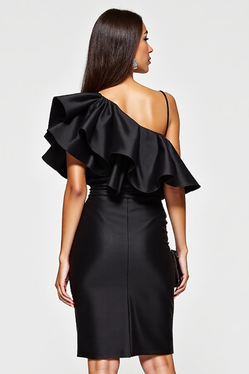Black Tight One Shoulder Short Cocktail Dress with Ruffles