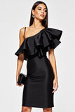 Black Tight One Shoulder Short Cocktail Dress with Ruffles