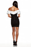 Black and White Patchwork Off the Shoulder Short Tight Cocktail Dress with Sleeves