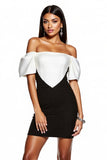 Black and White Patchwork Off the Shoulder Short Tight Cocktail Dress with Sleeves