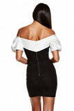 Black and White Patchwork Off the Shoulder Short Tight Cocktail Dress with Sleeves