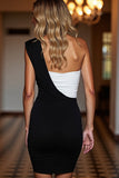 Black and White Patchwork One Shoulder Short Satin Tight Cocktail Dress
