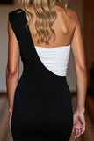 Black and White Patchwork One Shoulder Short Satin Tight Cocktail Dress
