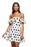 White and Black Off the Shoulder Short A Line Polka Dot Dress