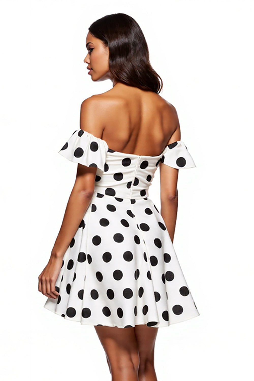 White and Black Off the Shoulder Short A Line Polka Dot Dress