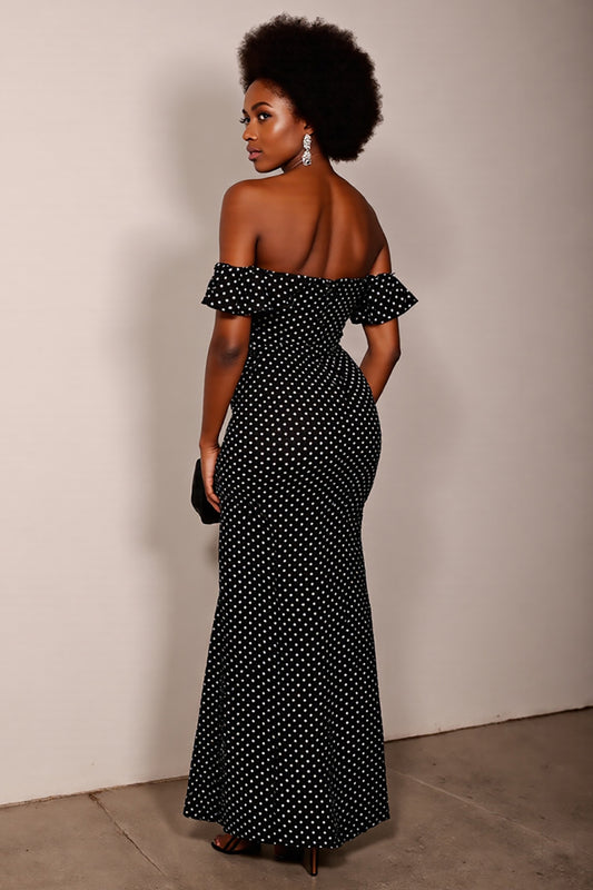 Black and White Sheath Off the Shoulder Maxi Polka Dot Dress with Slit