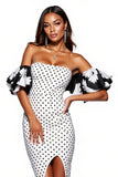 White and Black Floral Strapless Tight Midi Polka Dot Dress with Slit
