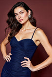 Navy Ruched Spaghetti Straps Tight Short Satin Cocktail Dress