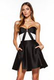 Black and White Patchwork Strapless Satin Short Cocktail Dress with Pockets