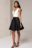 Simple Black and White Patchwork Deep V-Neck Short Satin Cocktail Dress