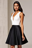 Simple Black and White Patchwork Deep V-Neck Short Satin Cocktail Dress