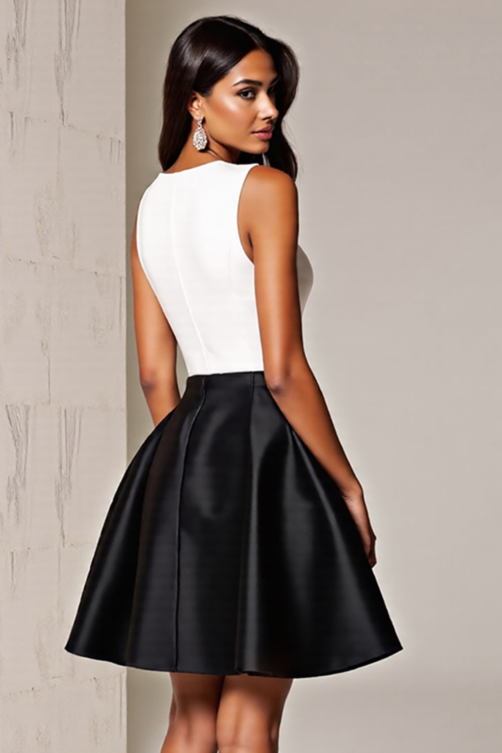 Zapakasa Women Simple Black and White Patchwork Short Satin Cocktail Dress Deep V-Neck A Line Semi Formal Dress