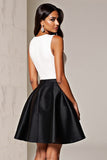 Simple Black and White Patchwork Deep V-Neck Short Satin Cocktail Dress