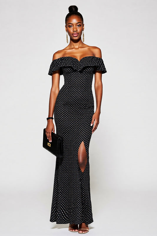 Black and White Off the Shoulder Maxi Mermaid Polka Dot Dress with Slit