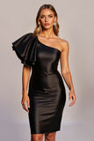 Black One Shoulder Short Satin Tight Cocktail Dress with Ruffles