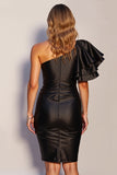 Black One Shoulder Short Satin Tight Cocktail Dress with Ruffles
