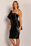 Black One Shoulder Short Satin Tight Cocktail Dress with Ruffles