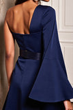 Navy Satin One Shoulder Tight Short Cocktail Dress with Sleeves