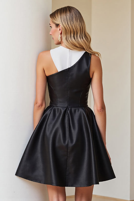 Simple Black and White Patchwork Satin A Line Short Cocktail Dress