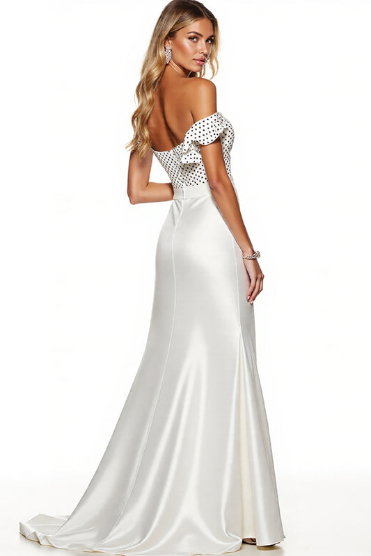 White Sheath Polka Dots Maxi Satin Formal Dress with Slit