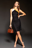 Black Patchwork One Shoulder Short Tight Cocktail Dress