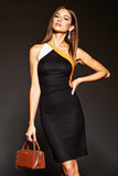 Black Patchwork One Shoulder Short Tight Cocktail Dress