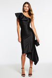 Black Satin One Shoulder Tight Midi Cocktail Dress with Ruffles