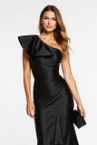 Black Satin One Shoulder Tight Midi Cocktail Dress with Ruffles