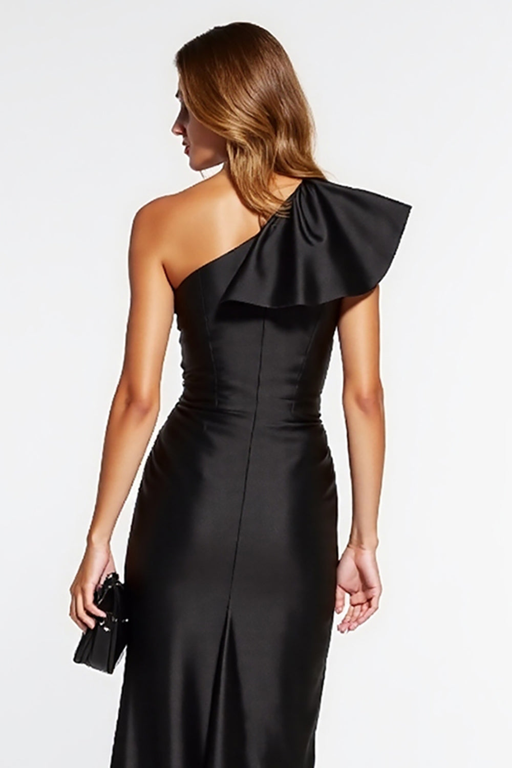 Black Satin One Shoulder Tight Midi Cocktail Dress with Ruffles