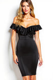 Black Off the Shoulder Ruffled Short Satin Cocktail Dress