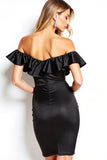 Black Off the Shoulder Ruffled Short Satin Cocktail Dress