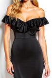 Black Off the Shoulder Ruffled Short Satin Cocktail Dress
