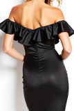 Black Off the Shoulder Ruffled Short Satin Cocktail Dress