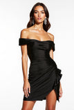 Satin Black Off the Shoulder Ruched Short Cocktail Dress with Ruffles