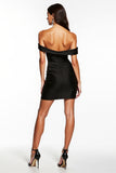 Satin Black Off the Shoulder Ruched Short Cocktail Dress with Ruffles