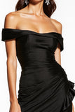 Satin Black Off the Shoulder Ruched Short Cocktail Dress with Ruffles