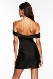 Satin Black Off the Shoulder Ruched Short Cocktail Dress with Ruffles