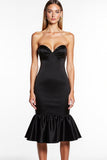 Black Sweetheart Tight Midi Satin Cocktail Dress with Ruffles