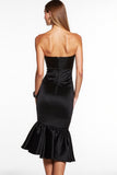 Black Sweetheart Tight Midi Satin Cocktail Dress with Ruffles