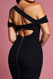 Black Cut Out Asymmetrical Neck Short Tight Cocktail Dress