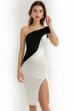 Black and White Patchwork One Shoulder Short Cocktail Dress with Slit