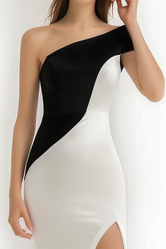 Black and White Patchwork One Shoulder Short Cocktail Dress with Slit
