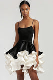 Black and White Patchwork Tiered Short Satin Cocktail Dress with Ruffles
