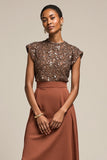Sparkly Brown Satin Cap Sleeves Midi 2 Piece Work Blouses and Skirt with Sequins