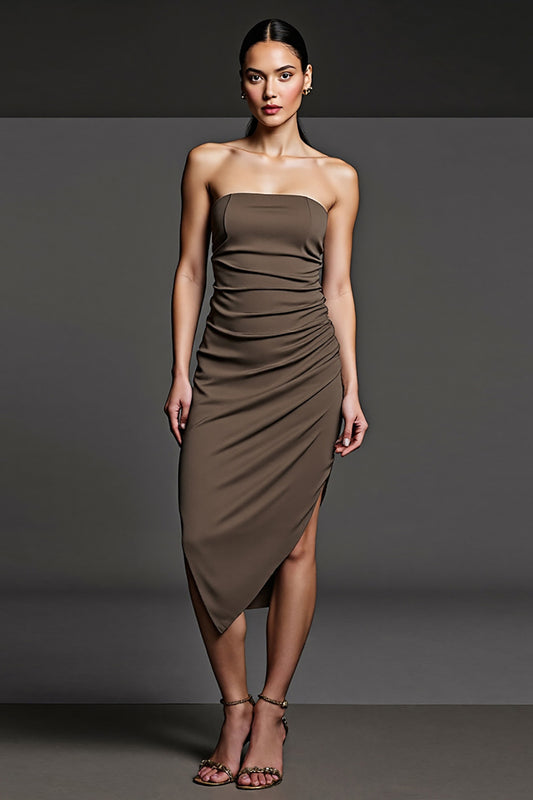 Coffee Strapless Pencil Ruched Asymmetrical Work Dress