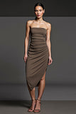 Coffee Strapless Pencil Ruched Asymmetrical Work Dress