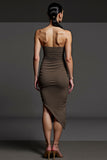 Coffee Strapless Pencil Ruched Asymmetrical Work Dress