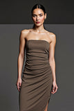 Coffee Strapless Pencil Ruched Asymmetrical Work Dress