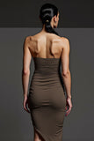 Coffee Strapless Pencil Ruched Asymmetrical Work Dress